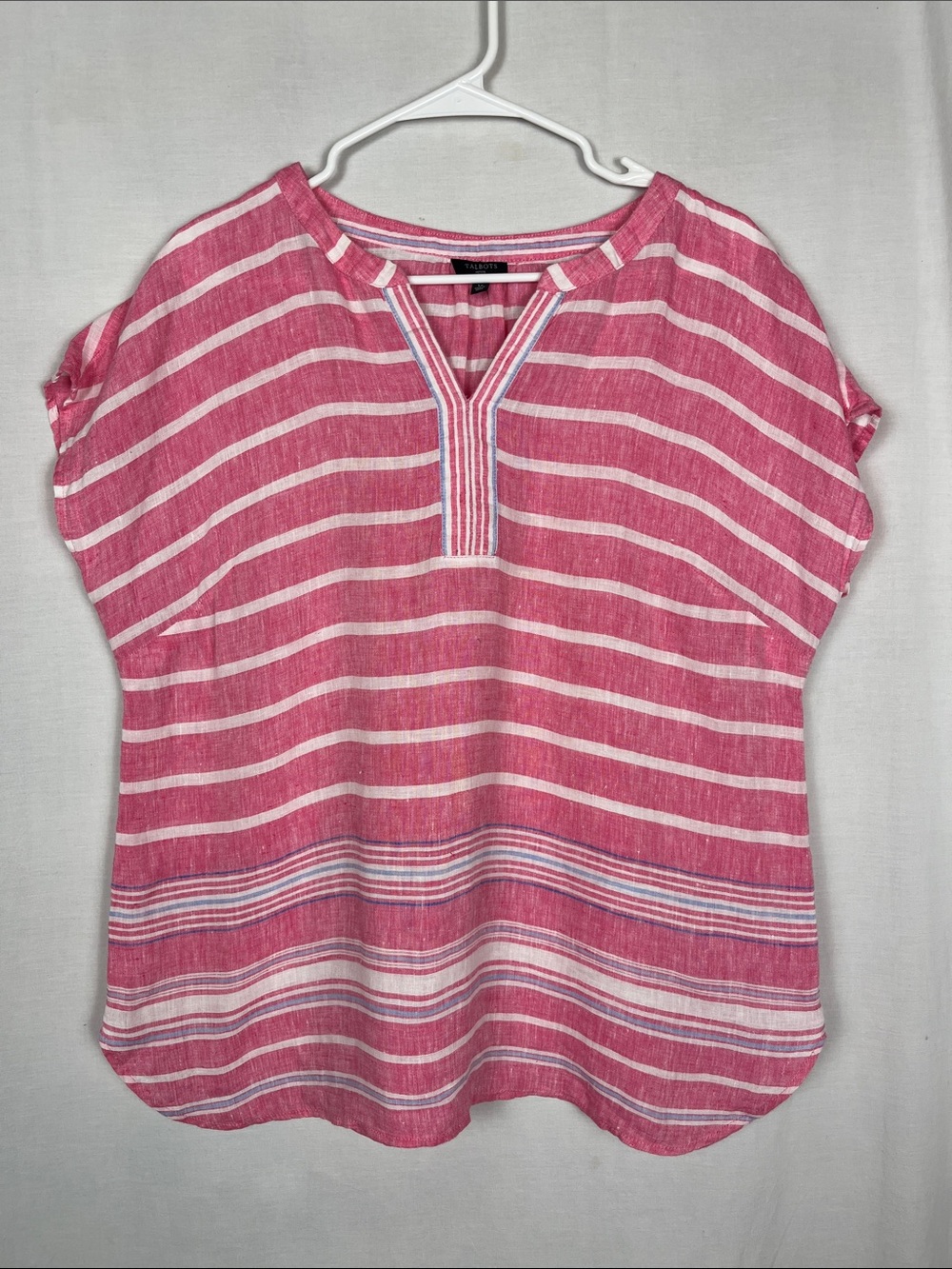 Talbots 100% Linen Pink and White Striped Lightweight Blouse